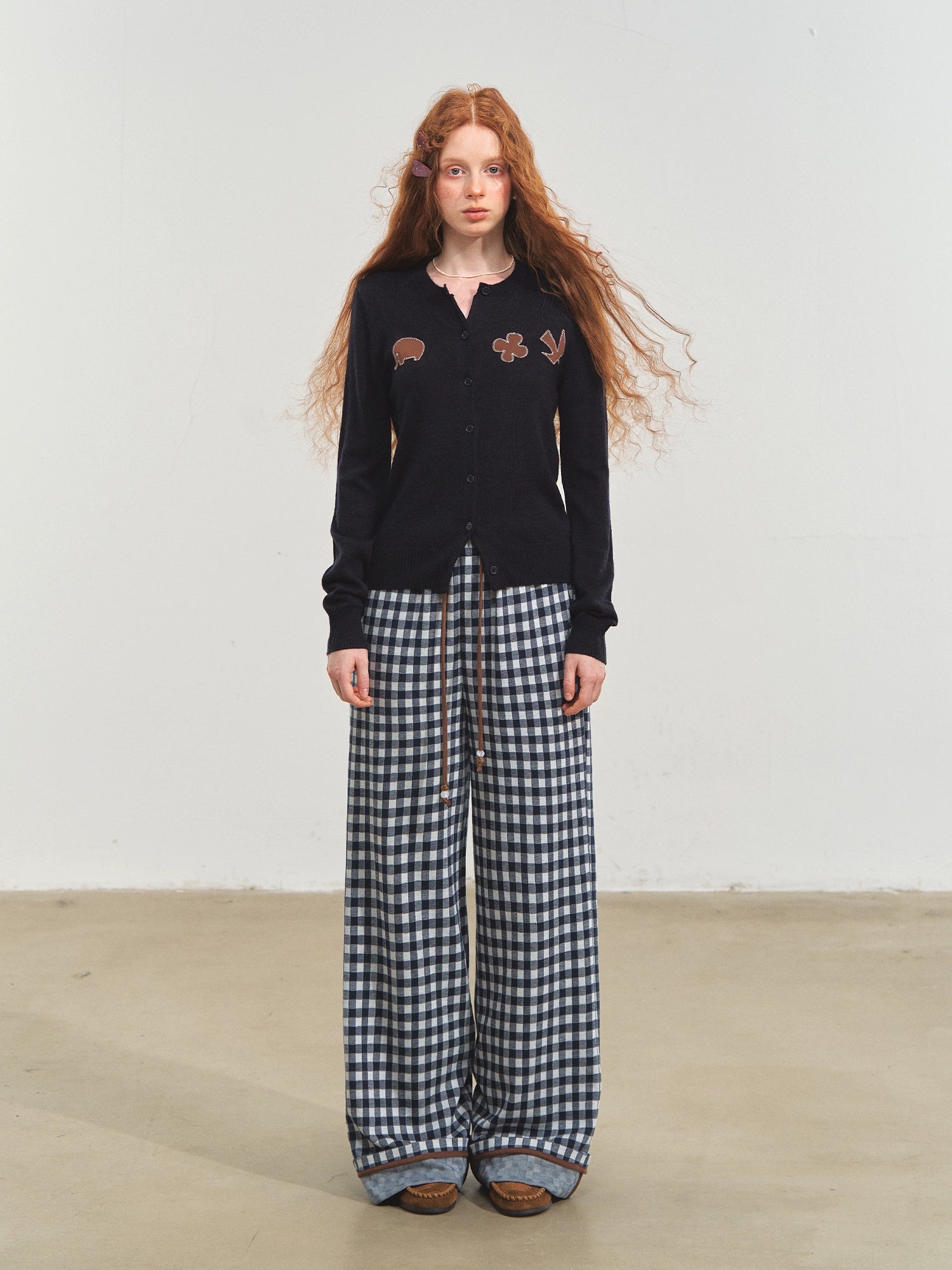Checkered Cuff Wide‑Leg Pants