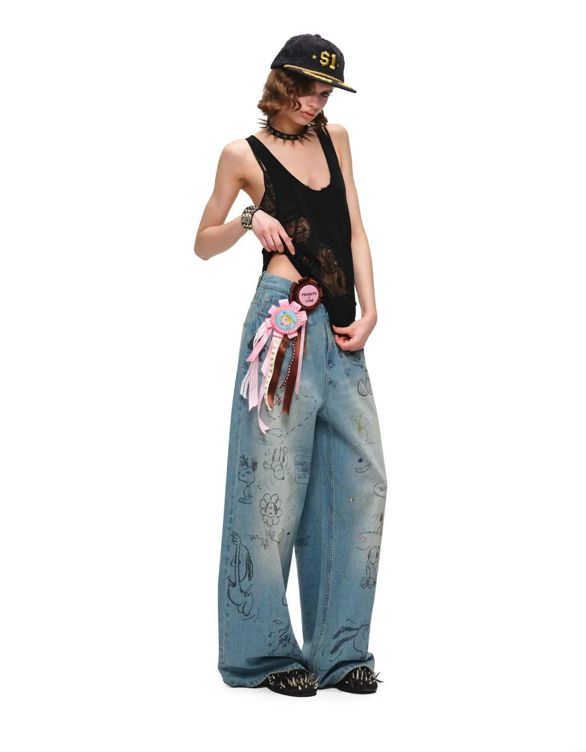 Snoopy Graffiti Crystal-Embellished Washed Denim Jeans
