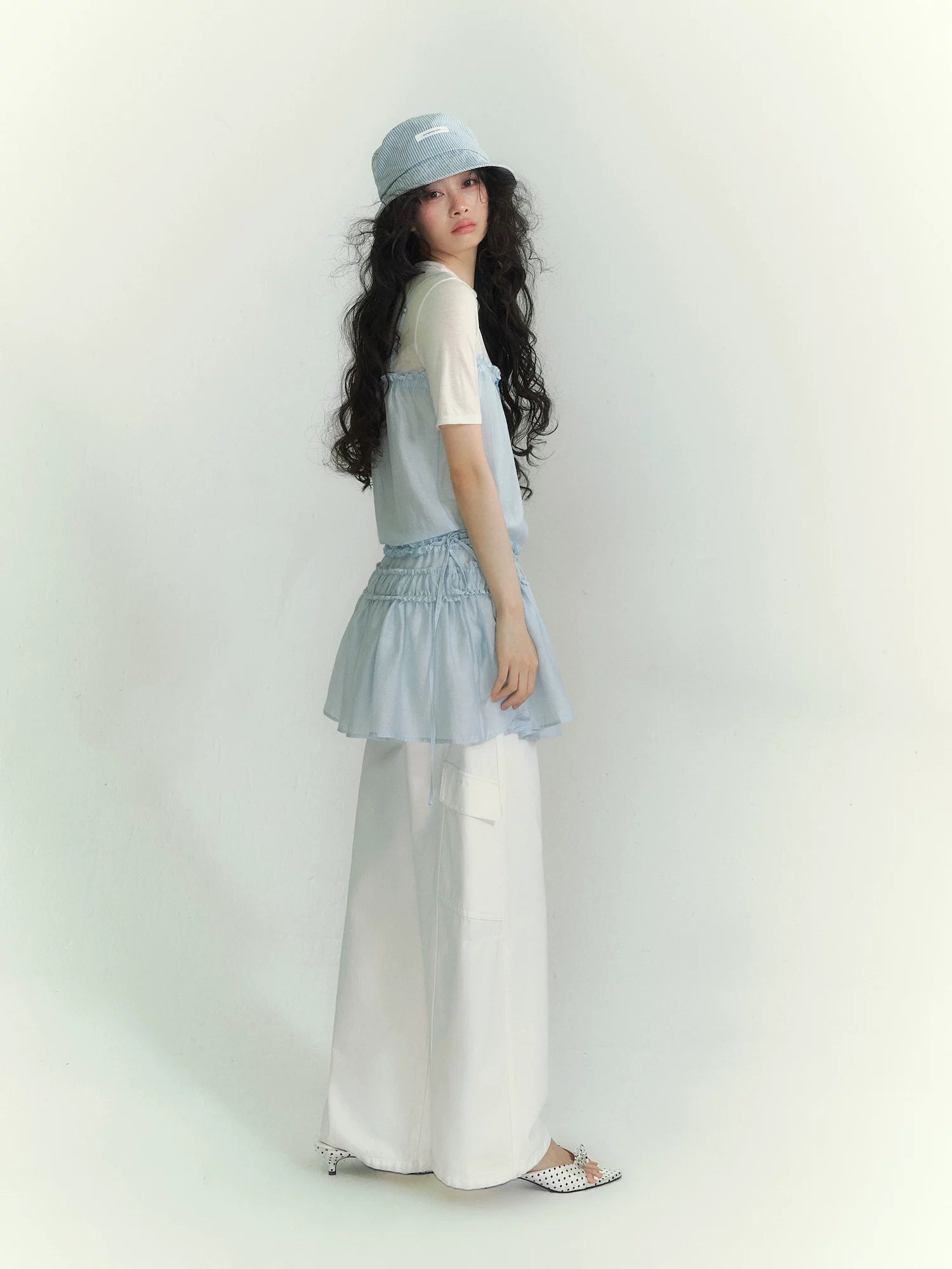 Layered Ruffle Strap Dress &amp; Sheer High-Neck Tee Set