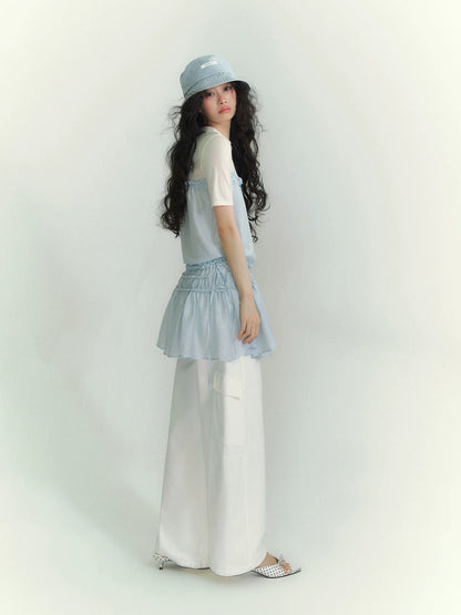 Layered Ruffle Strap Dress &amp; Sheer High-Neck Tee Set
