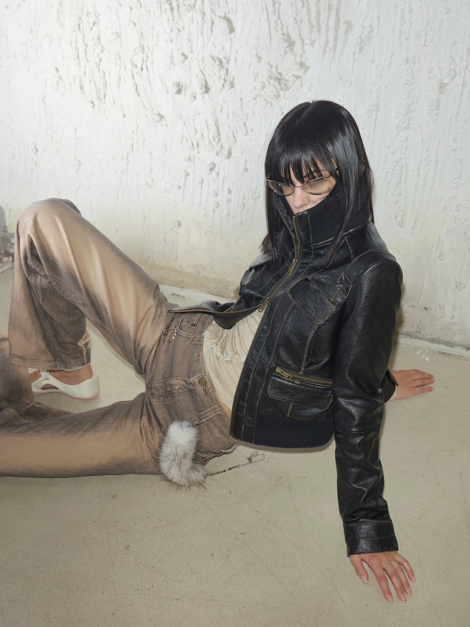 Distressed Cropped Biker Leather Jacket