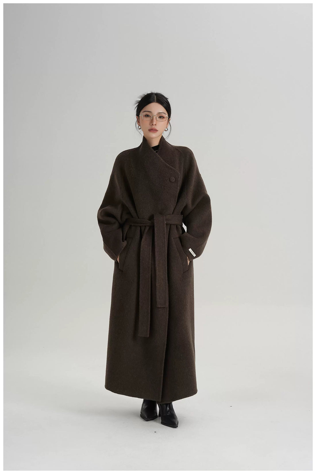 Asymmetric Button Long Wool Coat