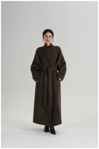 Asymmetric Button Long Wool Coat