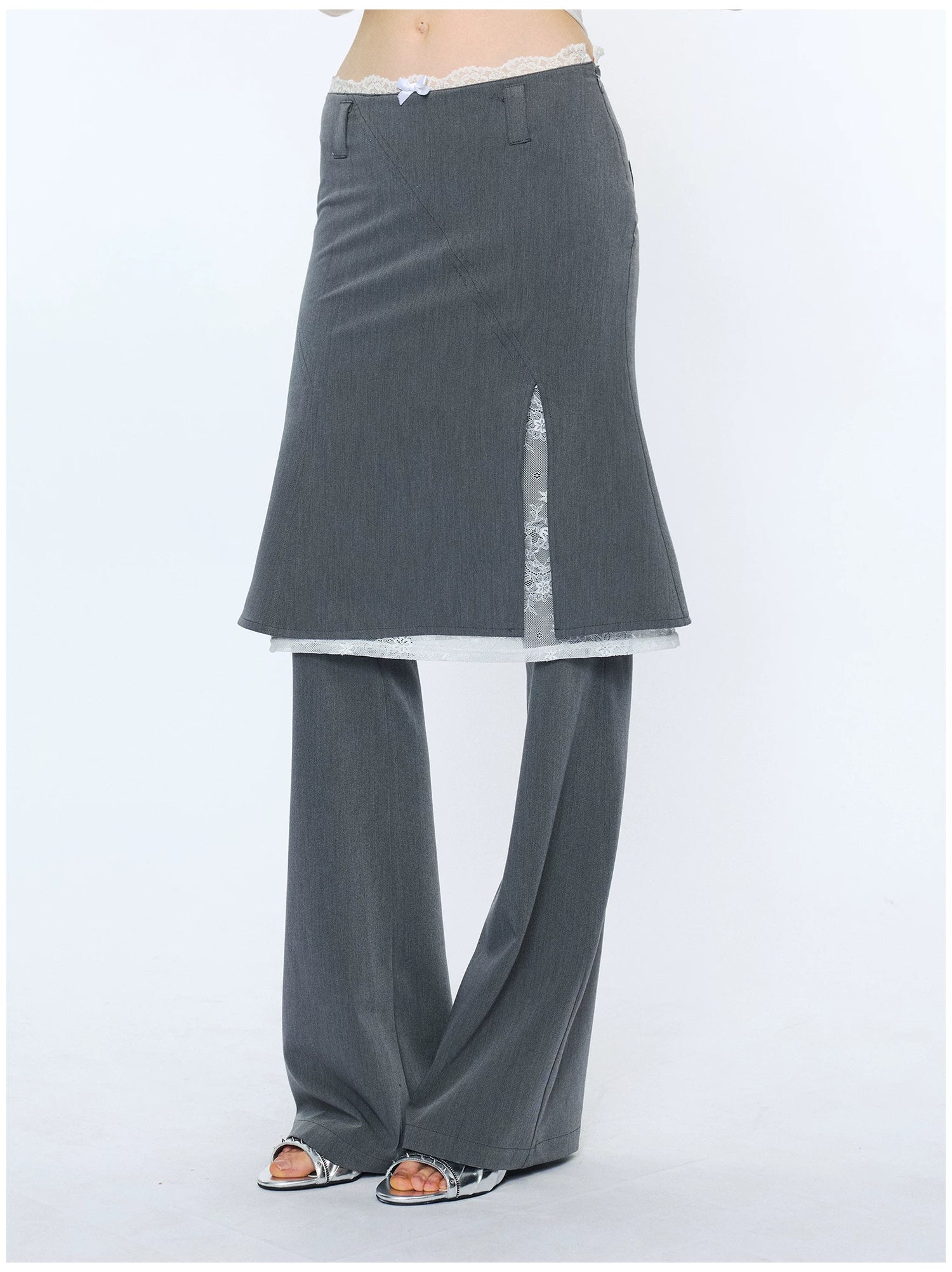 Lace Waist Bow Flared Skirt Pants
