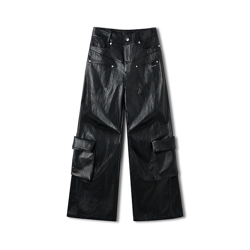 Punk-Style Eco Textured Faux Leather Wide-Leg Pants