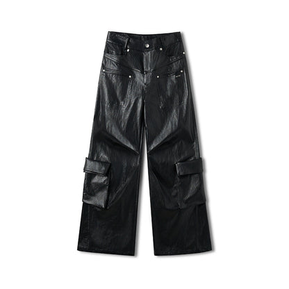 Punk-Style Eco Textured Faux Leather Wide-Leg Pants