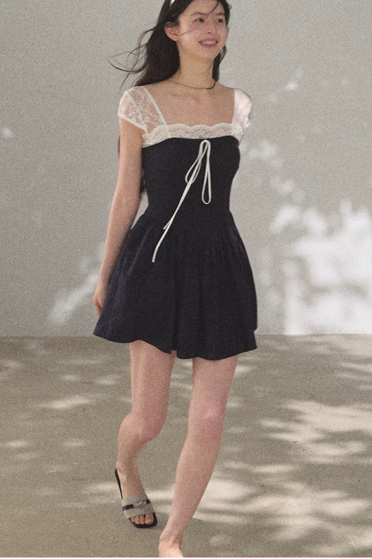 Lace-Spliced Cinched-Waist Vacation Camisole Dress