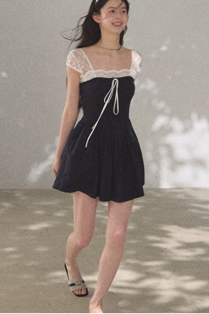 Lace-Spliced Cinched-Waist Vacation Camisole Dress