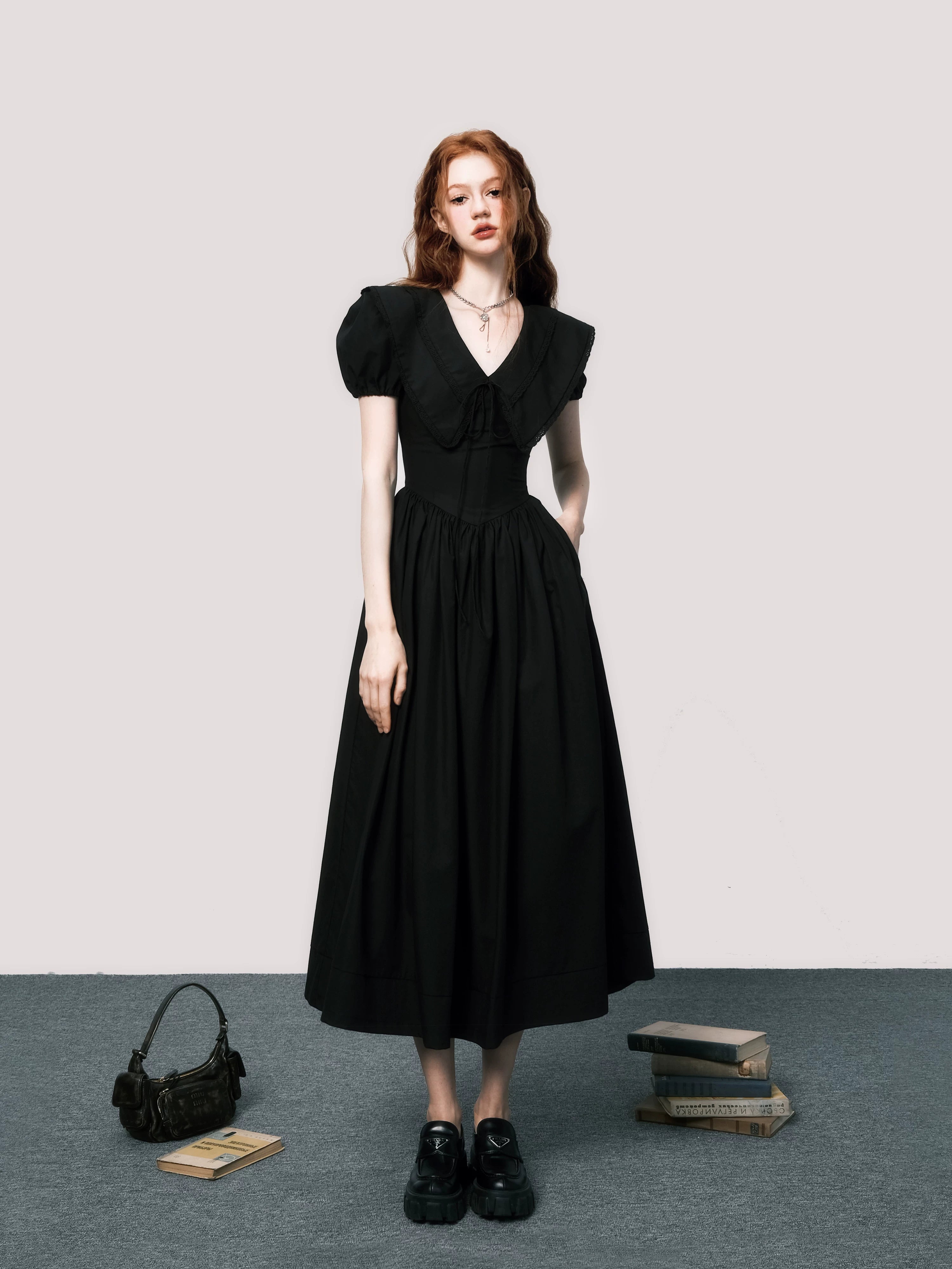 Puff-Sleeve Waist-Defined Maxi Dress