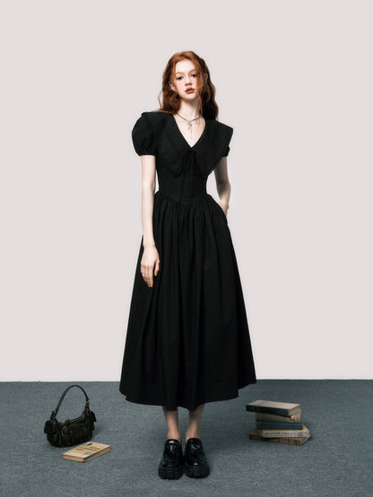 Puff-Sleeve Waist-Defined Maxi Dress