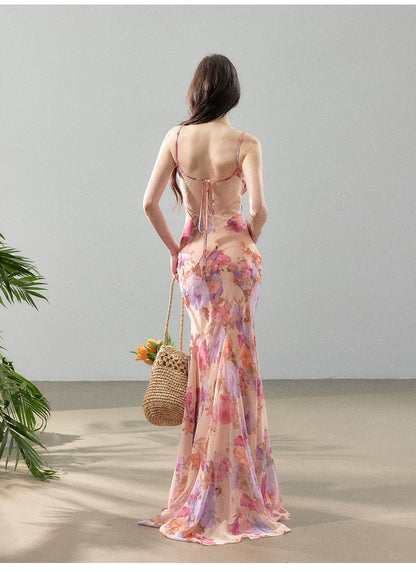 Dreamlike Summer Floral Chiffon Mermaid Slip Maxi Dress