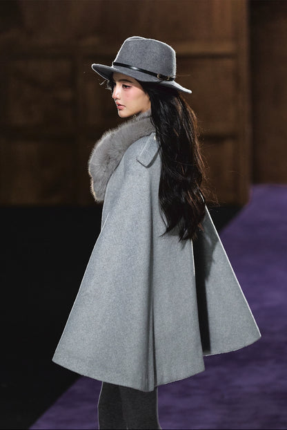 Wool-Blend Detachable Fur-Collar Cape Coat