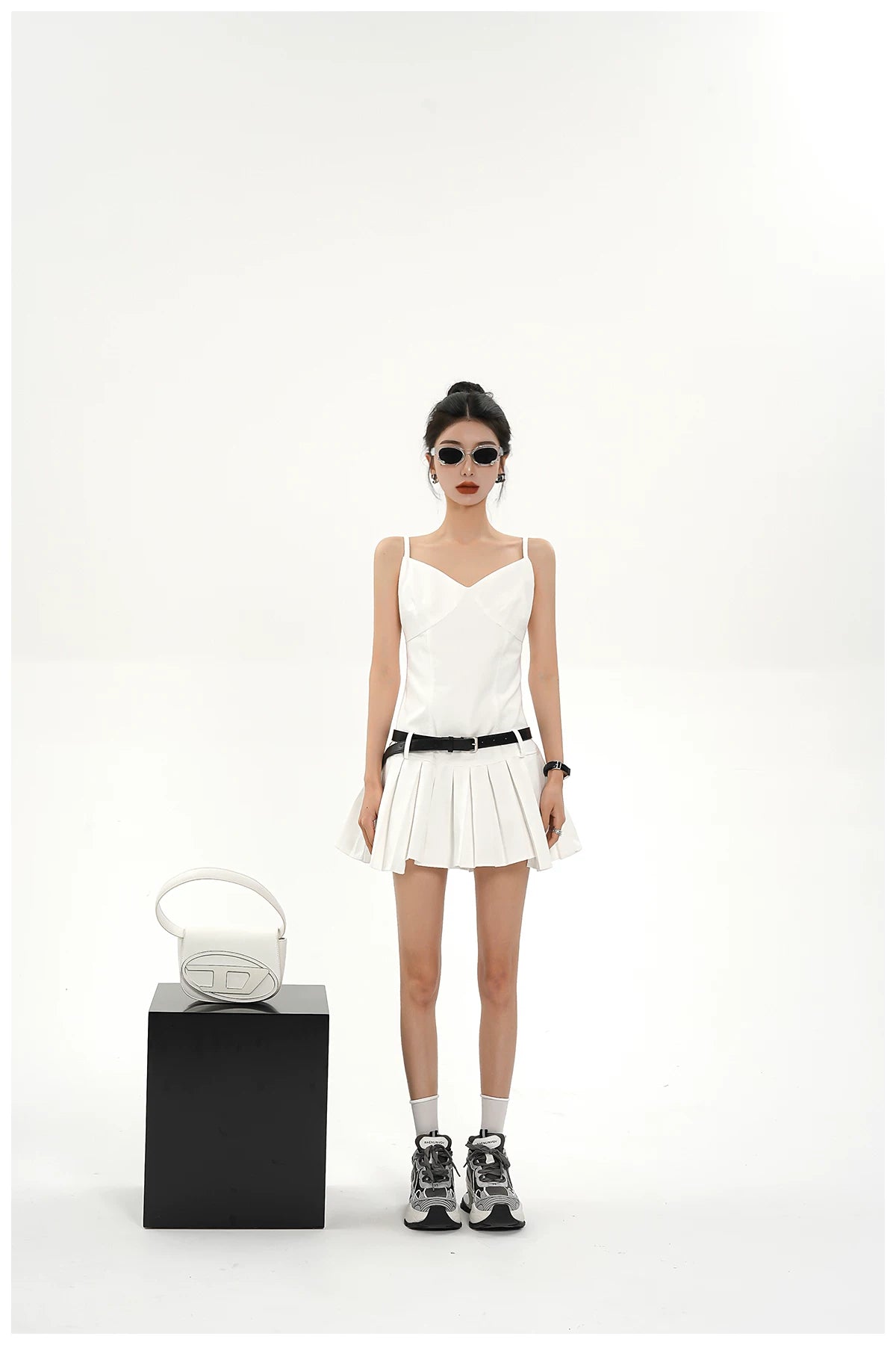 Asymmetric Zip-Back Pleated Camisole Dress