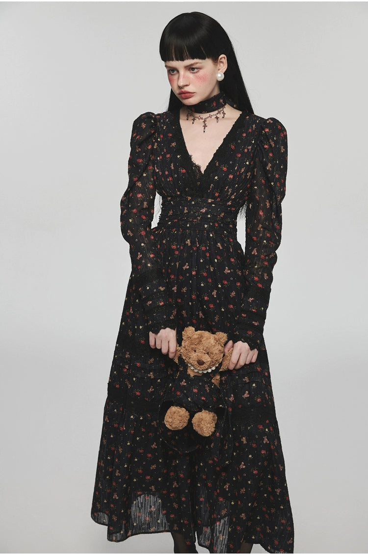 Bear Floral Lace Waist-cinching V-neck Midi Dress - CHINASQUAD