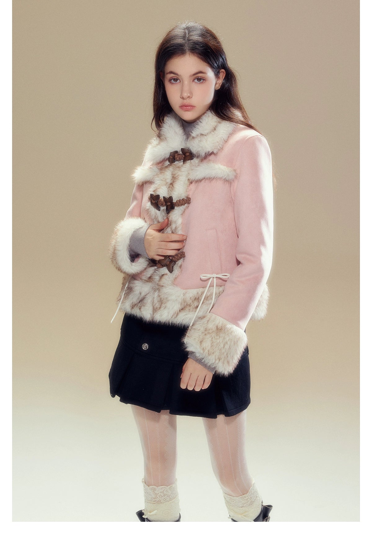Pink Suede Butterfly Horn Button Shearling Coat - CHINASQUAD