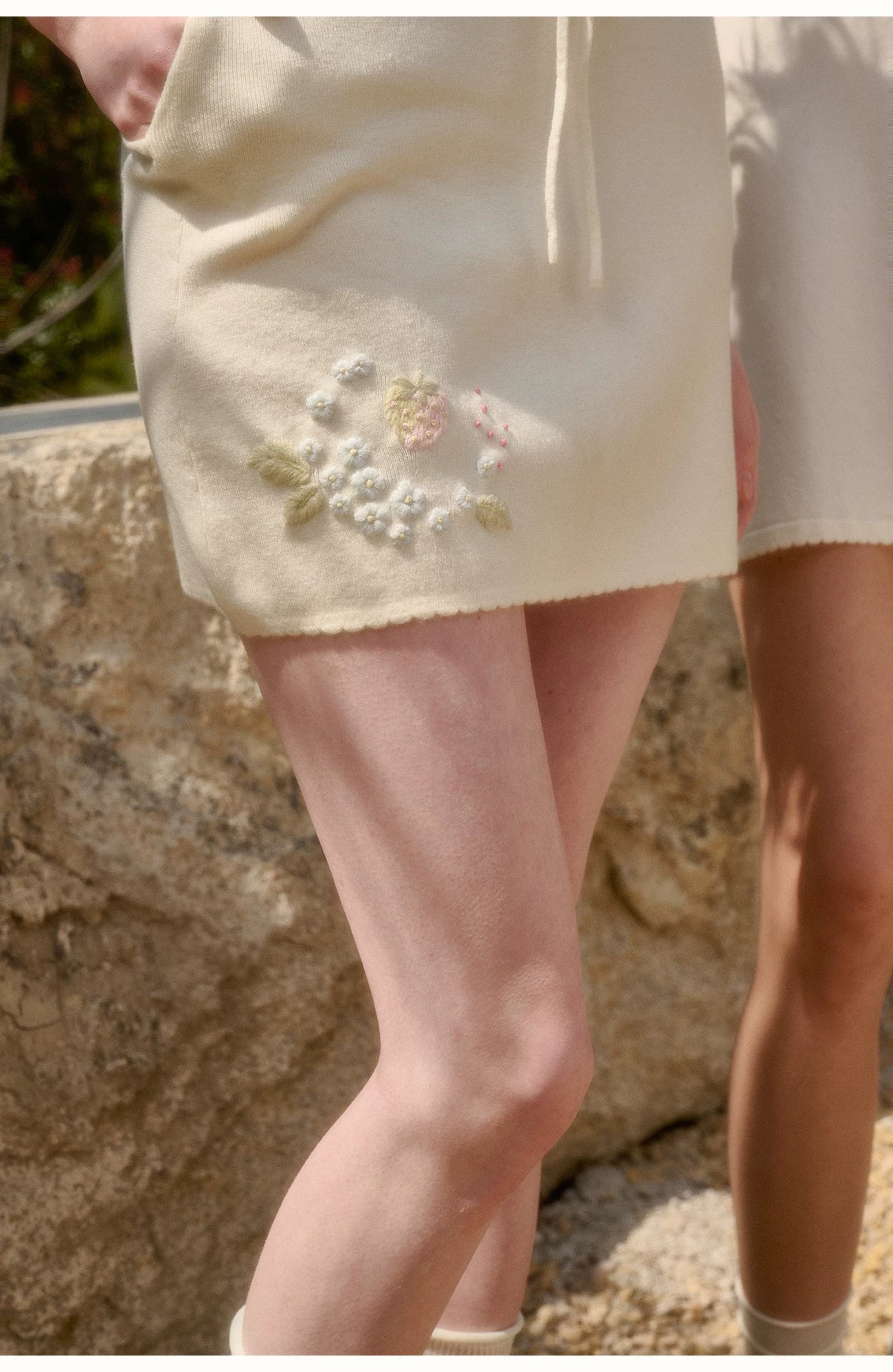 White Strawberry Embroidered Soft Knit Three-Piece Set