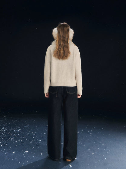 Detachable Fur Collar Ribbed Cardigan