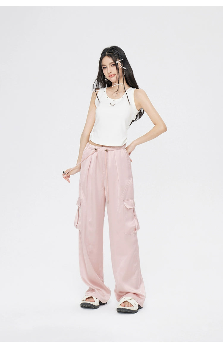 Pink &amp; White Silk Wide-Leg Pants