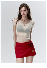 "I LOVE ME" Embroidered Rose Belt A-Line Mini Skirt - CHINASQUAD