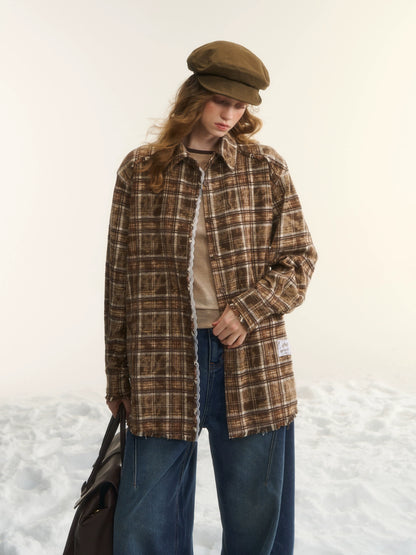 Oversized Lace-Trim Patchwork Plaid Shirt