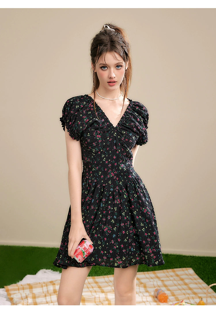 Black V-neck Ruffle Trim Floral Dress