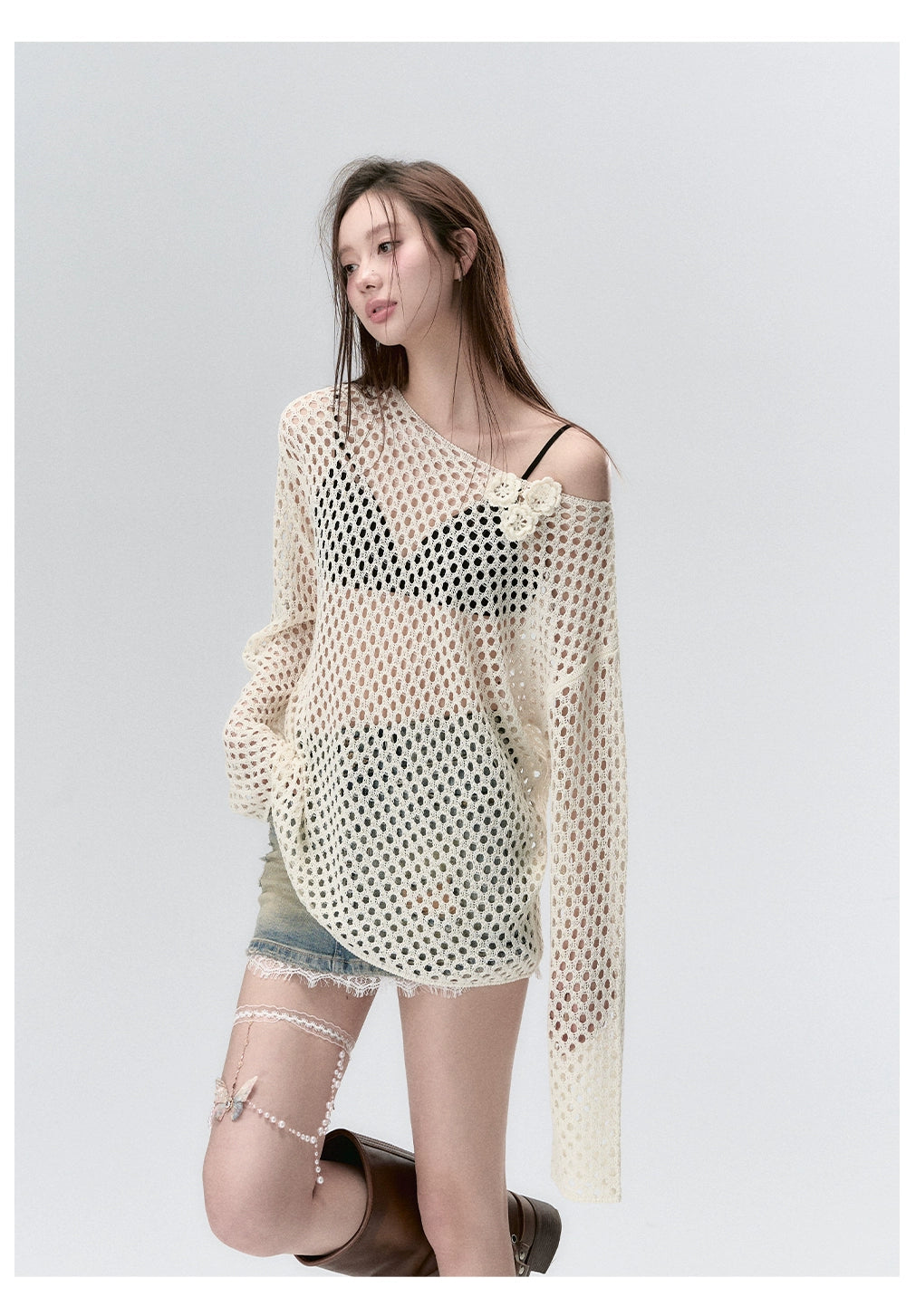 Milk Silk Sheer Mesh Hollow-Out Blouse - CHINASQUAD