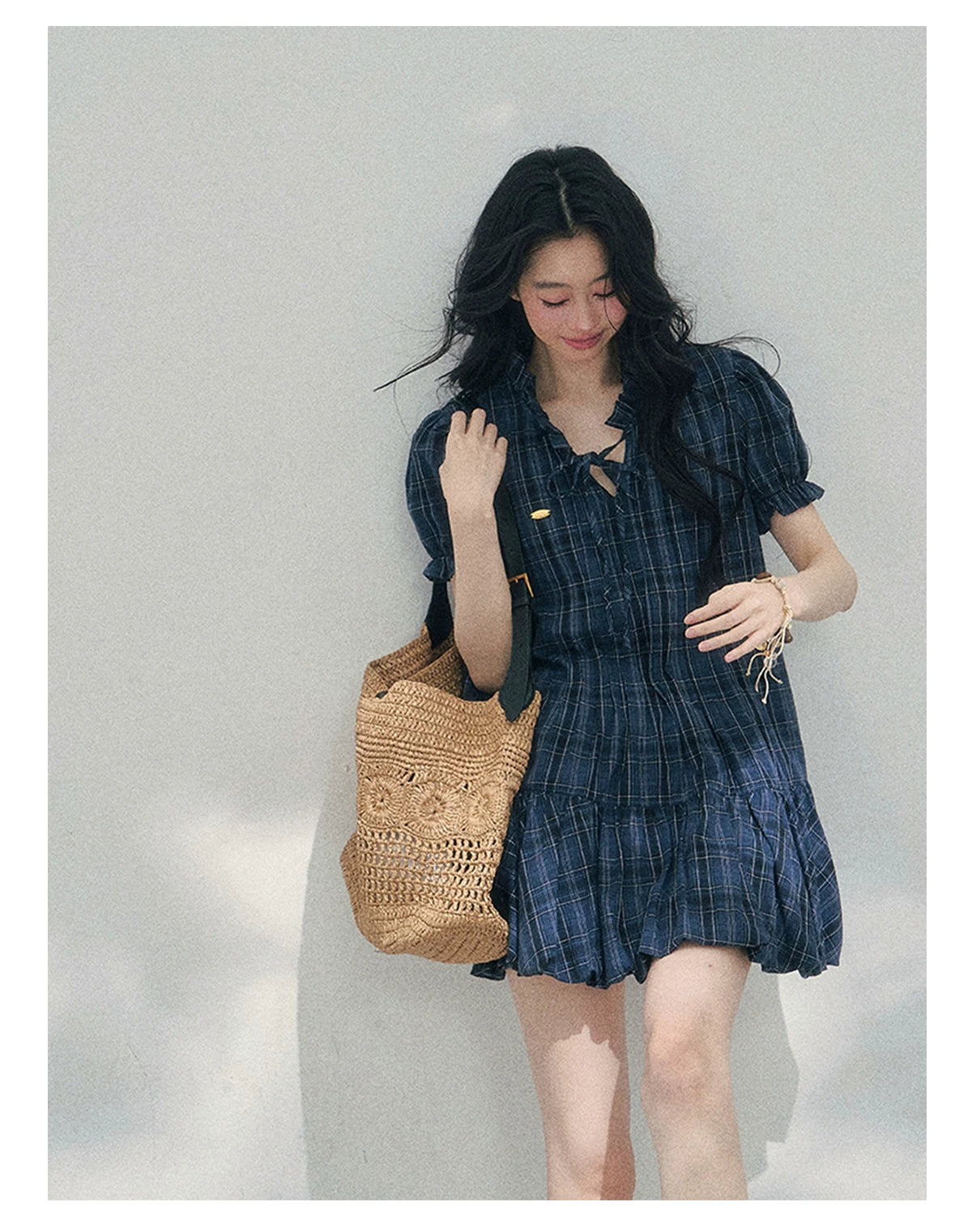 Soft Pleated Puff-Sleeve Mini Dress