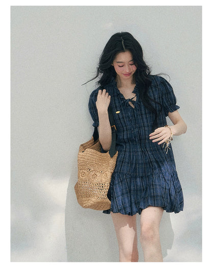 Soft Pleated Puff-Sleeve Mini Dress