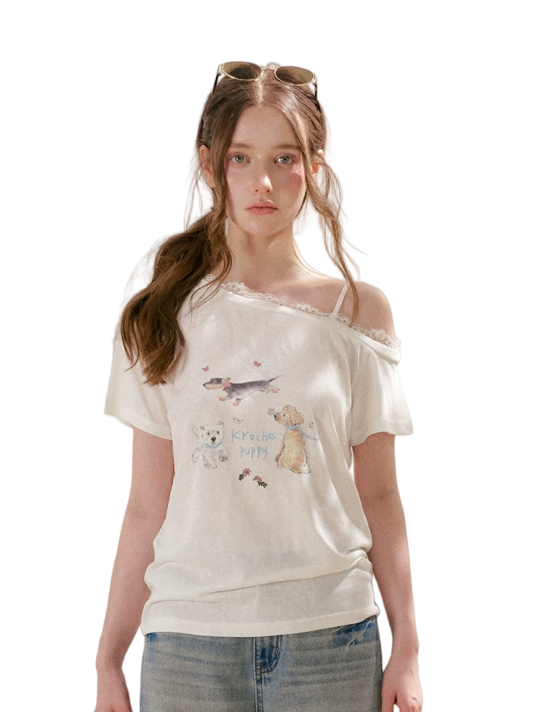 Tencel Lace Puppy Print T-Shirt