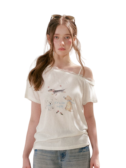 Tencel Lace Puppy Print T-Shirt
