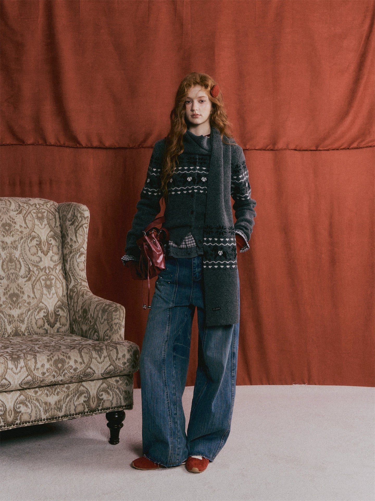 Fair Isle Wool-Blend Knit Cardigan &amp; Scarf Set