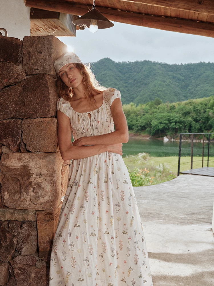 Botanical Graffiti Cotton Ruched Tie Dress