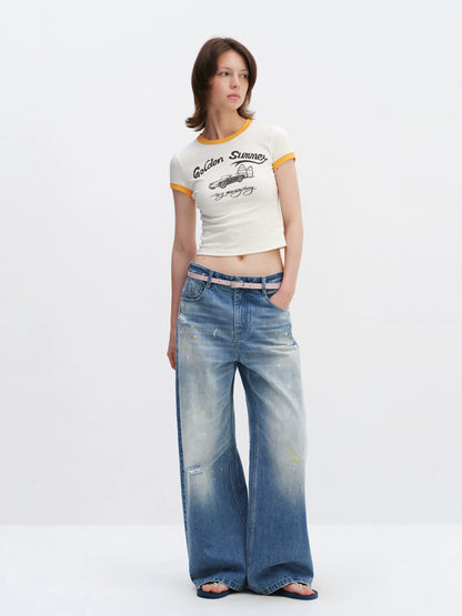 Washed Blue Curved-Leg Wide Denim Jeans