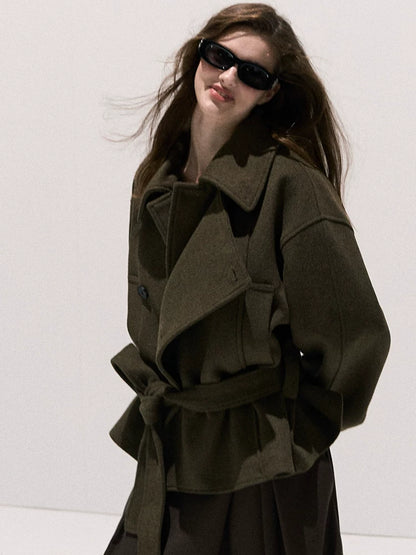 Waist-Defining Silhouette Stand-Collar Wool Coat