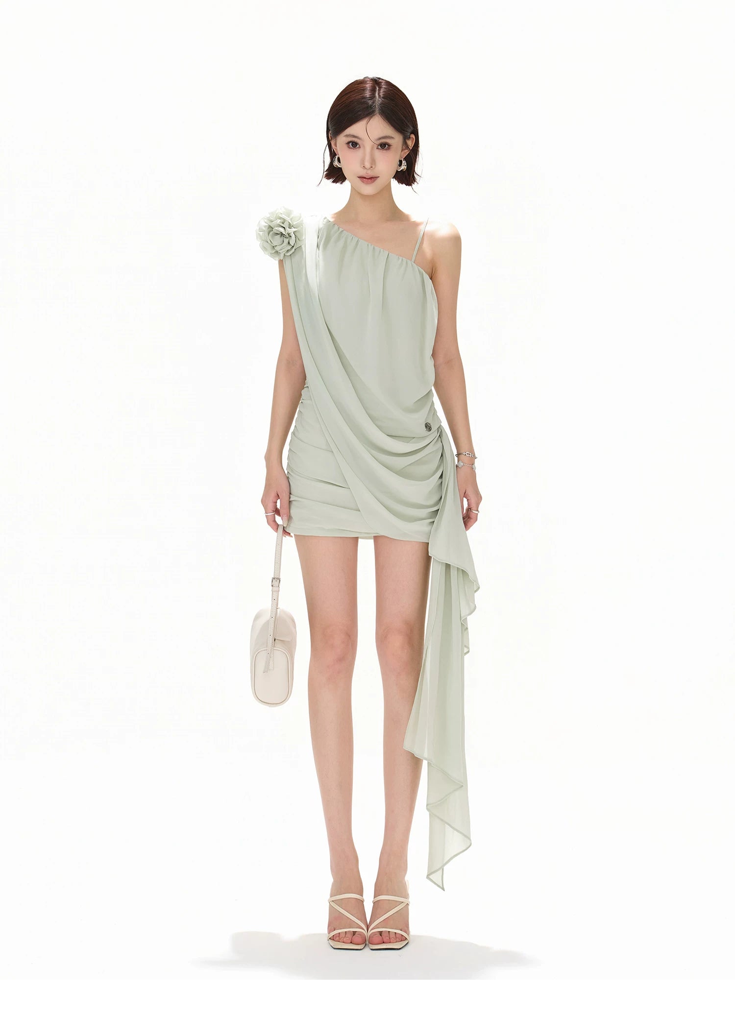 Asymmetric One-Shoulder Floral Chiffon Mini Dress with Draped Ties Green / M