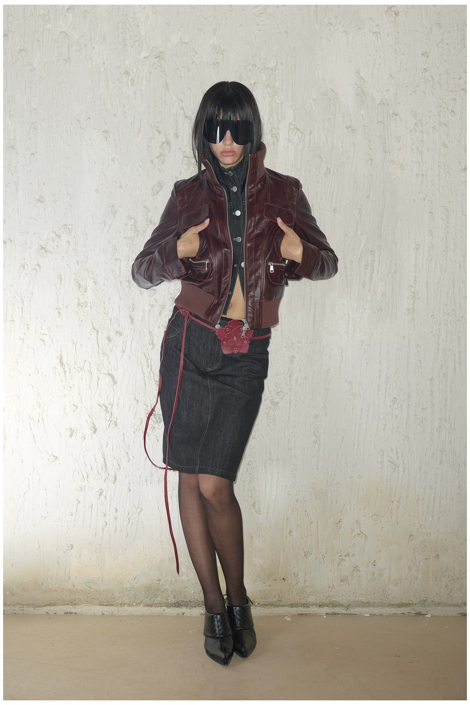 Distressed Cropped Biker Leather Jacket