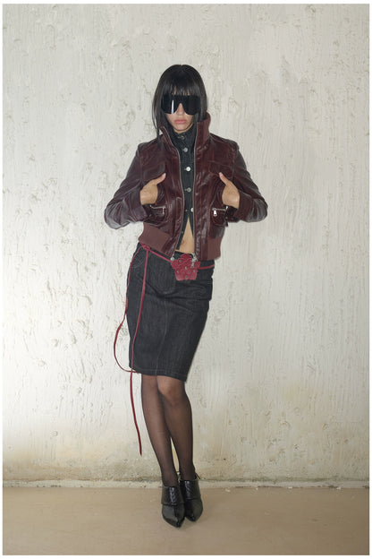 Distressed Cropped Biker Leather Jacket