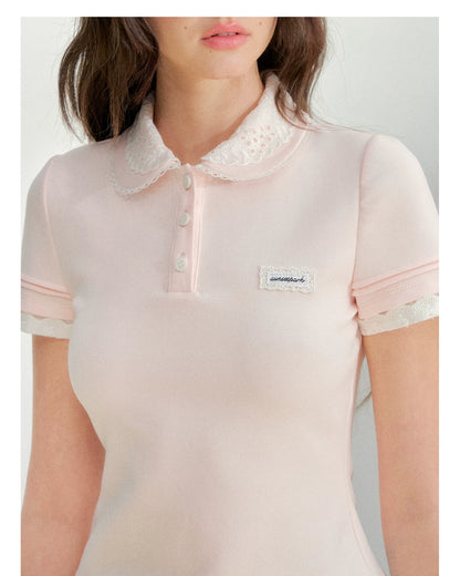 Embroidered Collar Pink Knit Polo