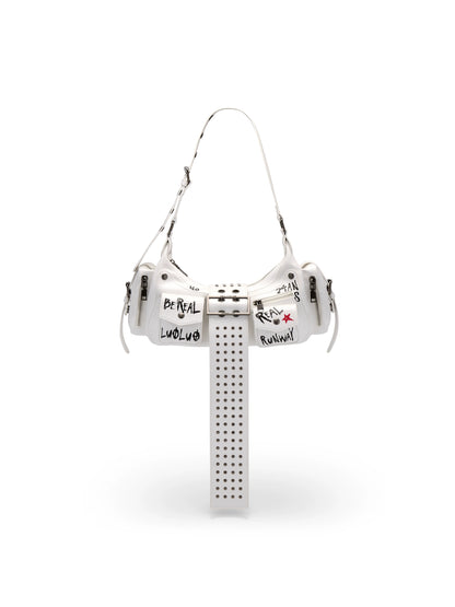 Graffiti-Print PU Cracked-Leather Bag