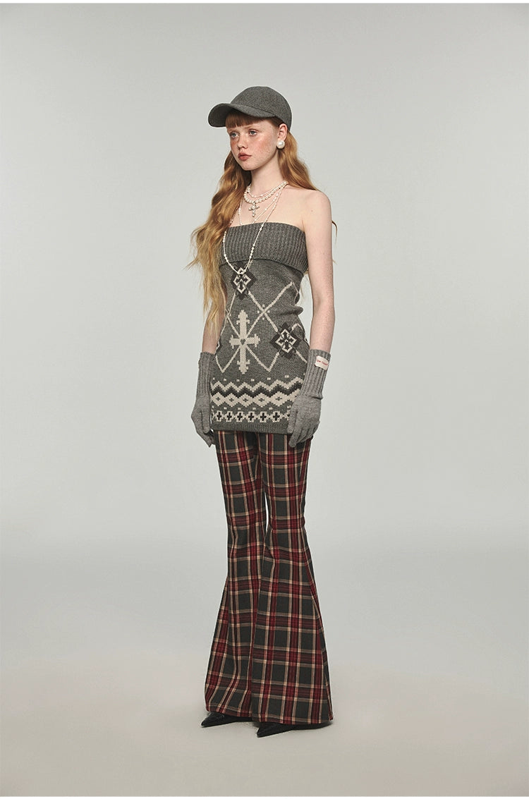 Plaid &amp; Leopard Slim-Fit Flared Pants - CHINASQUAD