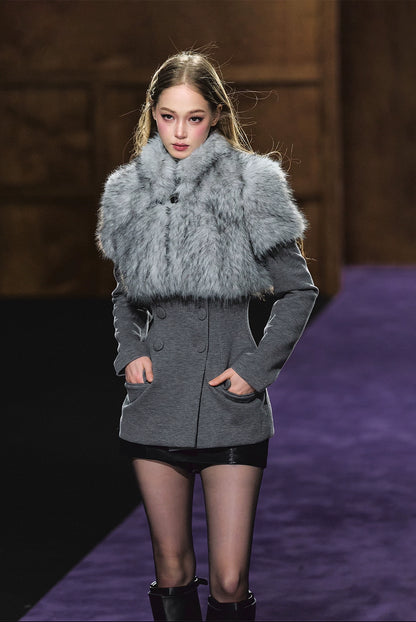 Faux Fur Collar Layered Double-Breasted Blazer Set