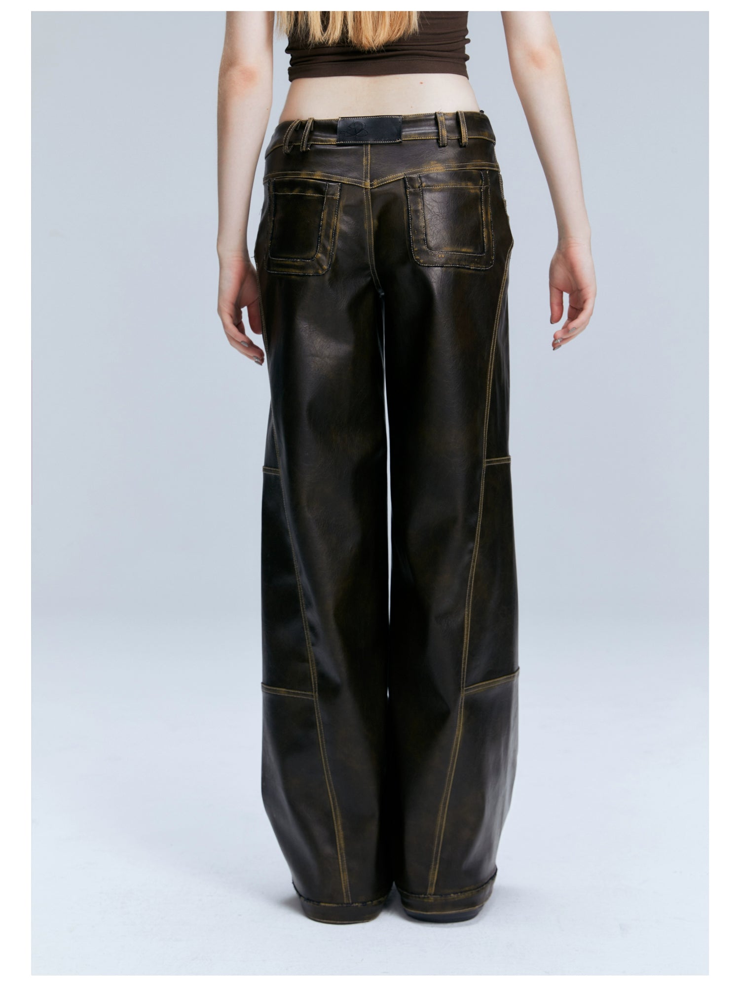 Brown PU Straight-Leg Pants