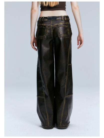 Brown PU Straight-Leg Pants