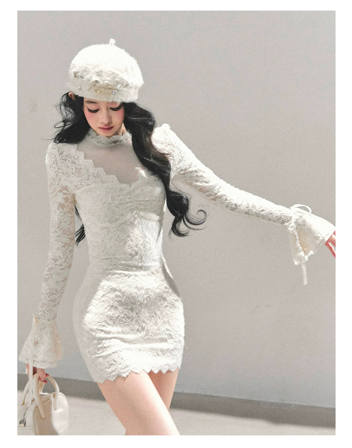 Lace Mesh Long-Sleeve Mini Dress