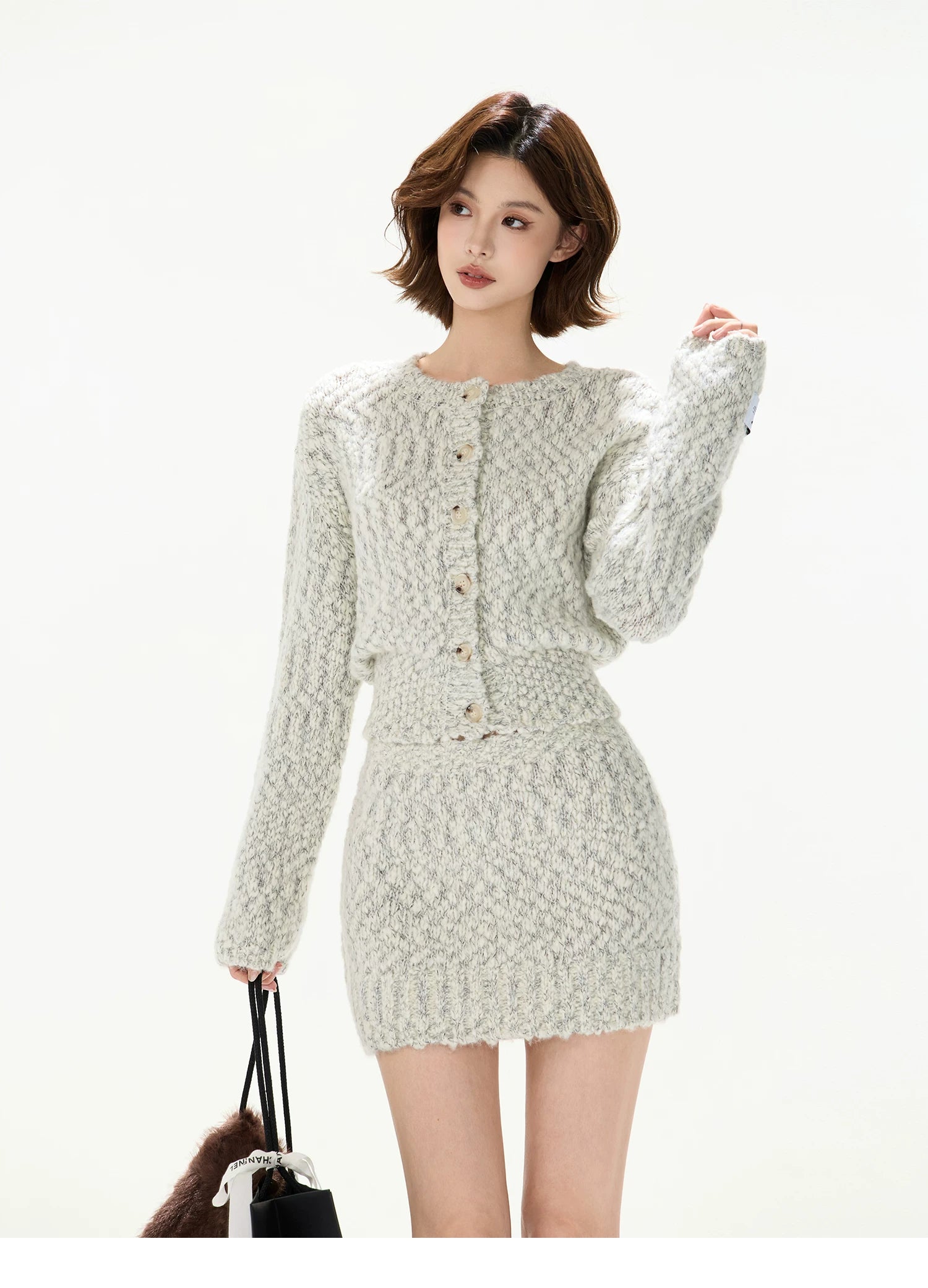 Knit Cardigan &amp; Mini Skirt Tweed-Style Set