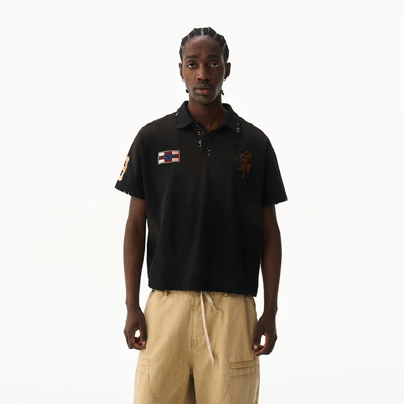 Washed Vintage Embroidered Knit Polo Shirt