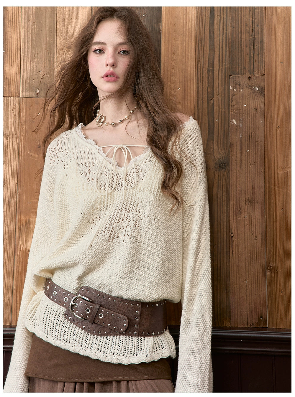 Lace Trim V-Neck Wool Blend Knit Sweater