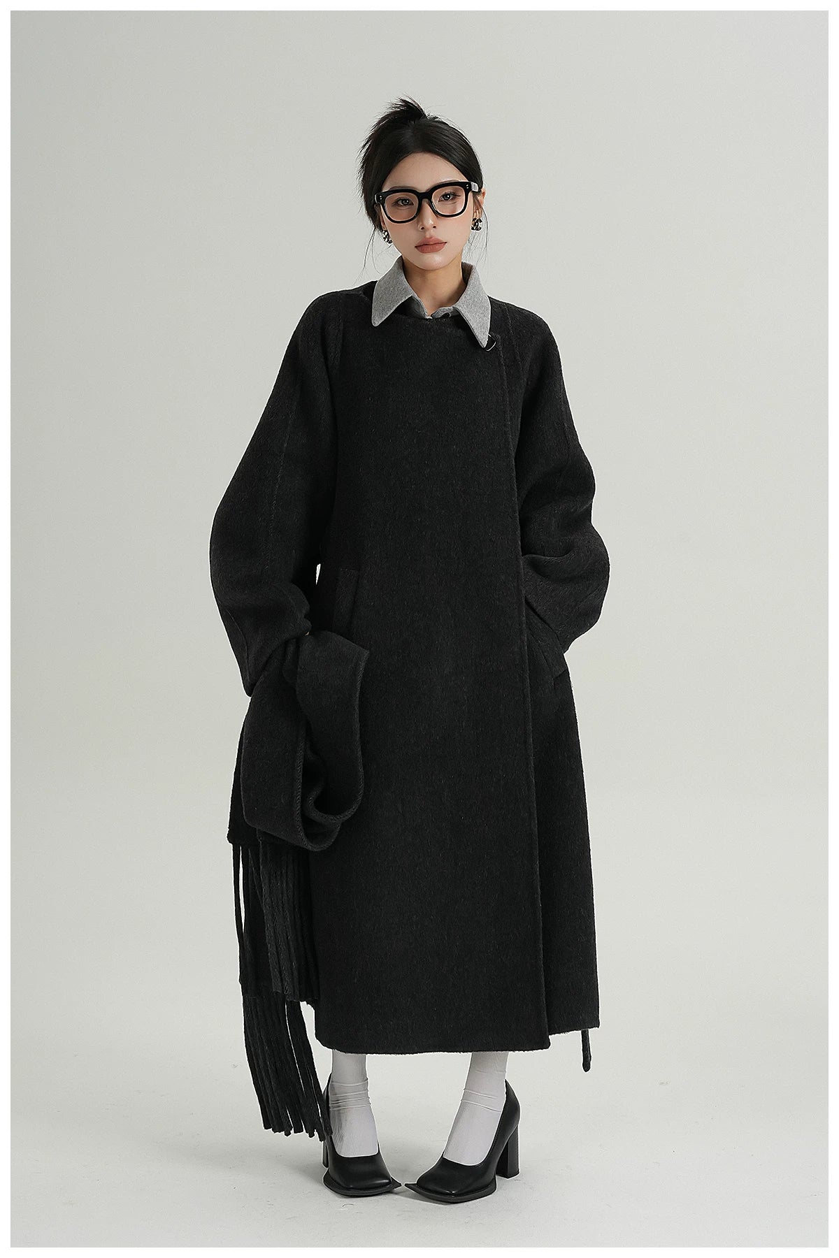 Fringe-Detail Wool Scarf-Style Long Coat