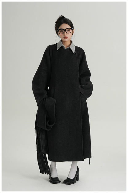 Fringe-Detail Wool Scarf-Style Long Coat