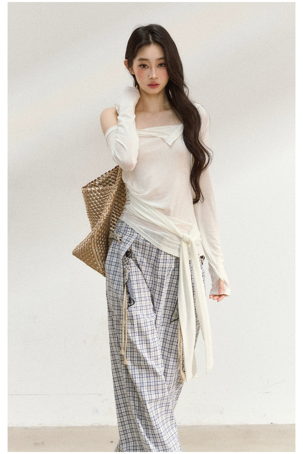 Asymmetric Shoulder Cross-Tie Knit T-Shirt